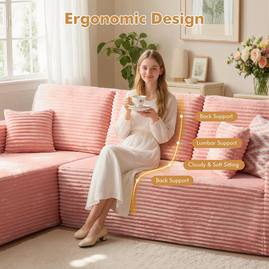 104" L-Shape Modular Couch with Chaise, Plush Corduroy Fabric, No Assembly Required