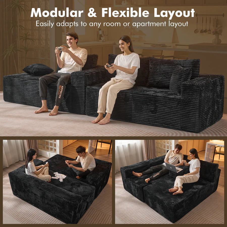 104" L-Shape Modular Couch with Chaise, Plush Corduroy Fabric, No Assembly Required