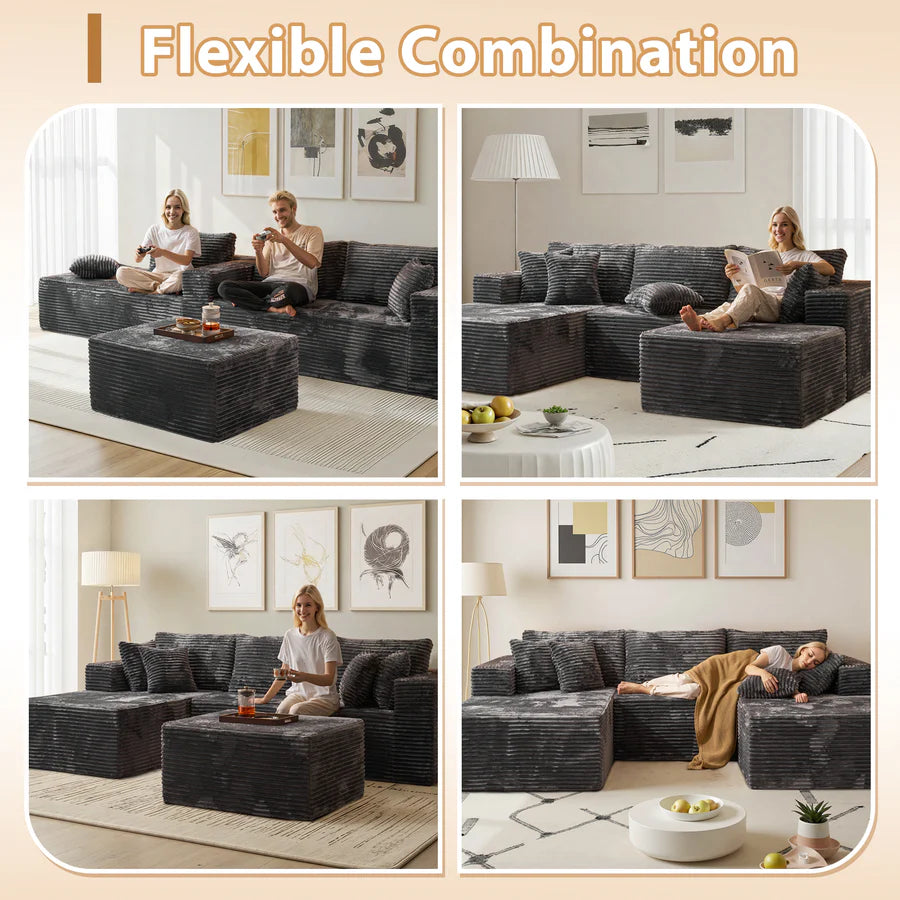 108" U-Shape Modular Couch with Ottoman, Plush Corduroy Fabric, No Assembly Required