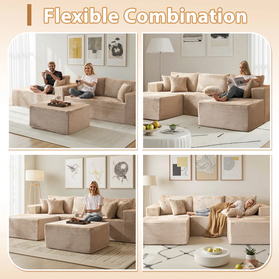 108" U-Shape Modular Couch with Ottoman, Plush Corduroy Fabric, No Assembly Required