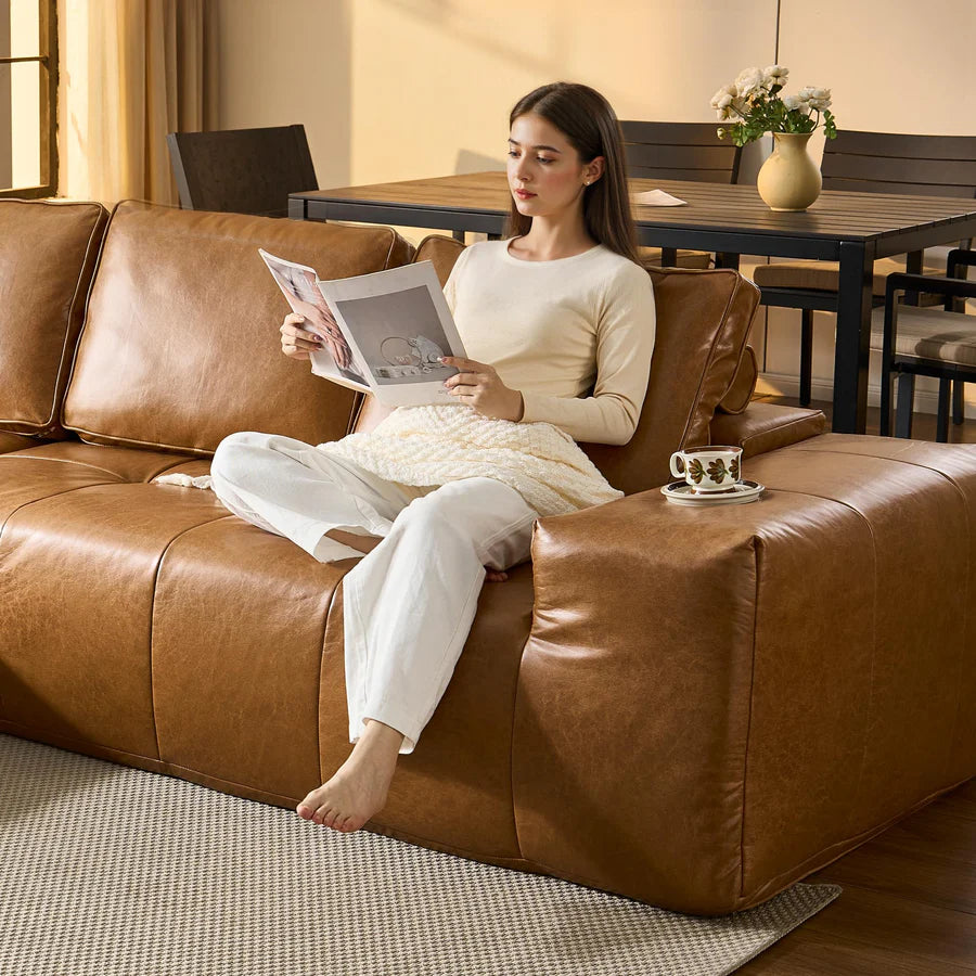114" Cloud Sectional Sofa - L-Shaped Faux Leather Modular Couch with Deep Seat Chaise