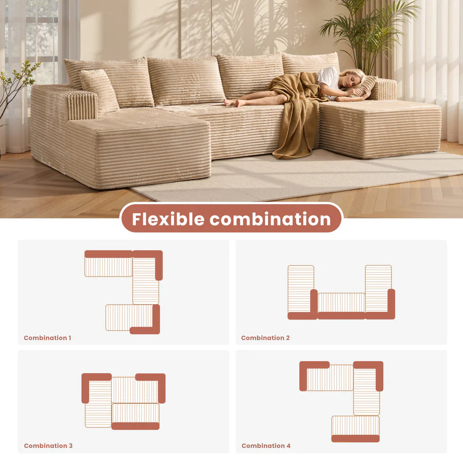 134" U-Shape Modular Couch , Plush Corduroy Fabric, No Assembly Required