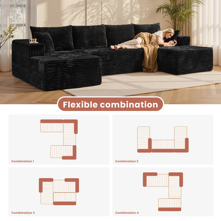 134" U-Shape Modular Couch , Plush Corduroy Fabric, No Assembly Required