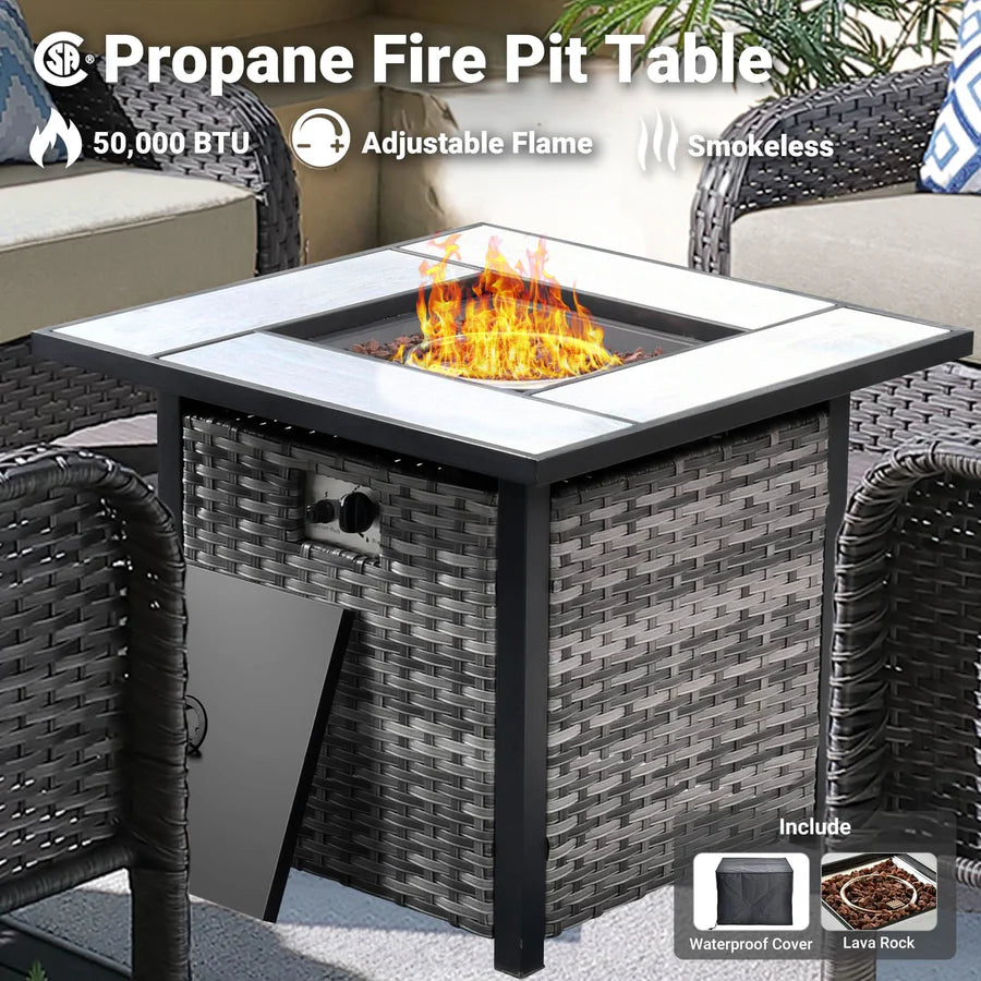 5-Piece Patio Set with Fire Pit Table,All Weather Grey Wicker Chairs & Cushions