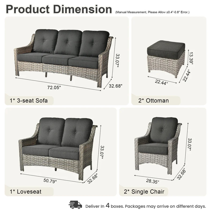 6 Pieces Patio Furniture Set, Outdoor Sofa Couch with Ottomans