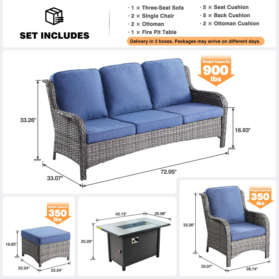 6 Pieces Patio Furniture Set with 42" Firepit Table, Outdoor Wicker Sofa with Ottomans