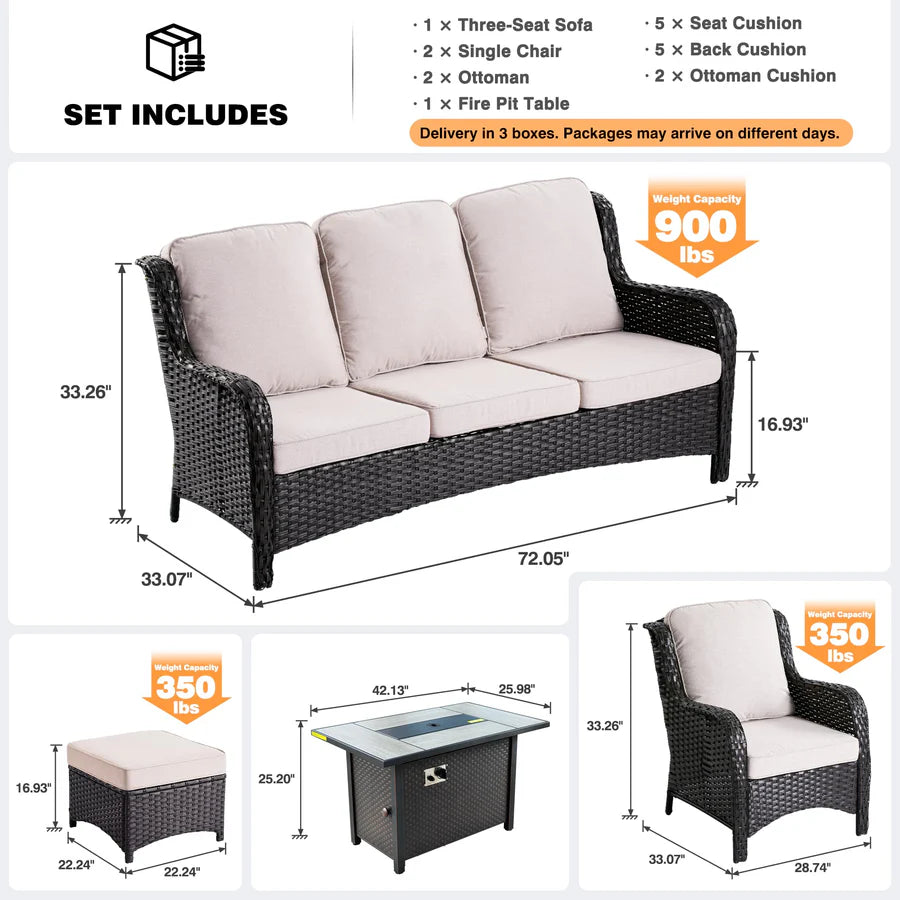 6 Pieces Patio Furniture Set with 42" Firepit Table, Outdoor Wicker Sofa with Ottomans