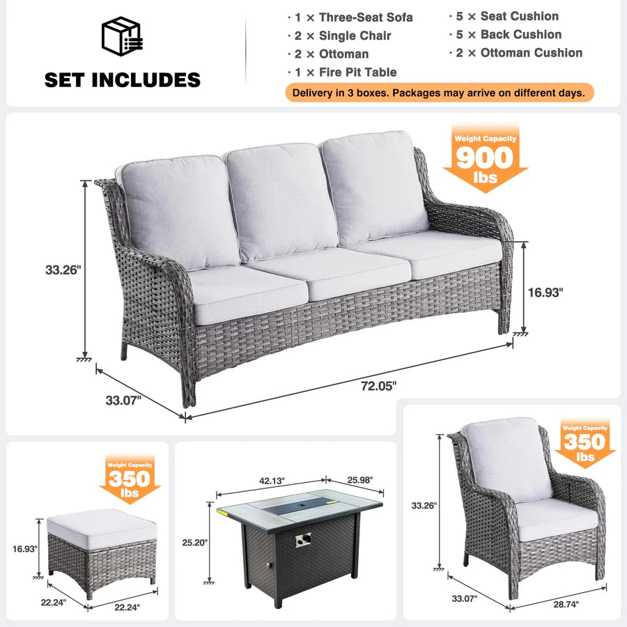 6 Pieces Patio Furniture Set with 42" Firepit Table, Outdoor Wicker Sofa with Ottomans