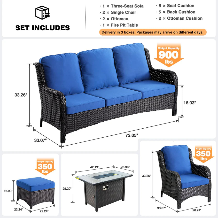 6 Pieces Patio Furniture Set with 42" Firepit Table, Outdoor Wicker Sofa with Ottomans