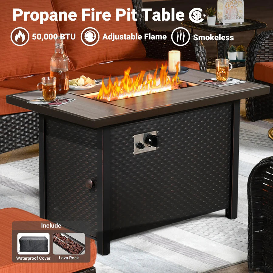 6 Pieces Patio Furniture Set with 42" Firepit Table, Outdoor Wicker Sofa with Ottomans