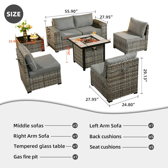 7 Pieces Patio Furniture Set with 7.68'' Broad Handrails and 30'' Fire Pit Table1