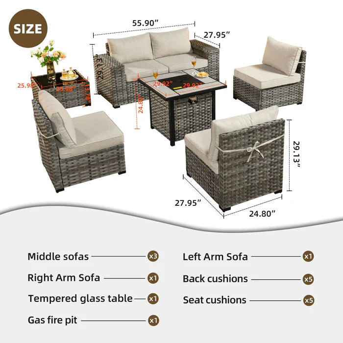 7 Pieces Patio Furniture Set with 7.68'' Broad Handrails and 30'' Fire Pit Table1