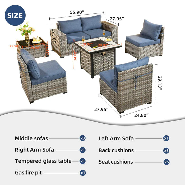 7 Pieces Patio Furniture Set with 7.68'' Broad Handrails and 30'' Fire Pit Table1