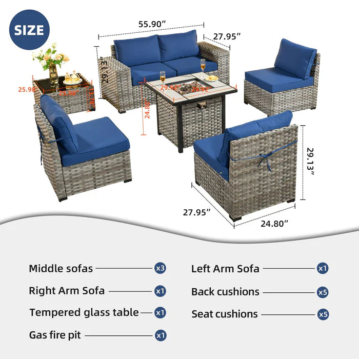 7 Pieces Patio Furniture Set with 7.68'' Broad Handrails and 30'' Fire Pit Table1