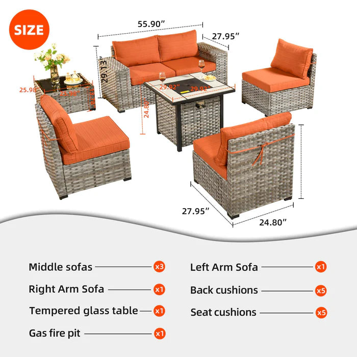 7 Pieces Patio Furniture Set with 7.68'' Broad Handrails and 30'' Fire Pit Table1