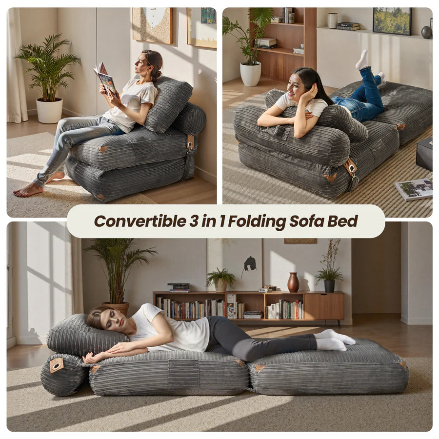 Bean Bag Bed Folding Sofa Bed – Convertible Sleeper Chair with Pillow & Back Support