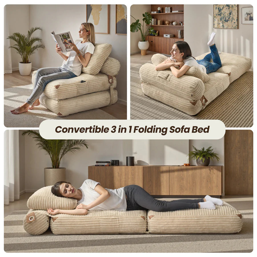 Bean Bag Bed Folding Sofa Bed – Convertible Sleeper Chair with Pillow & Back Support