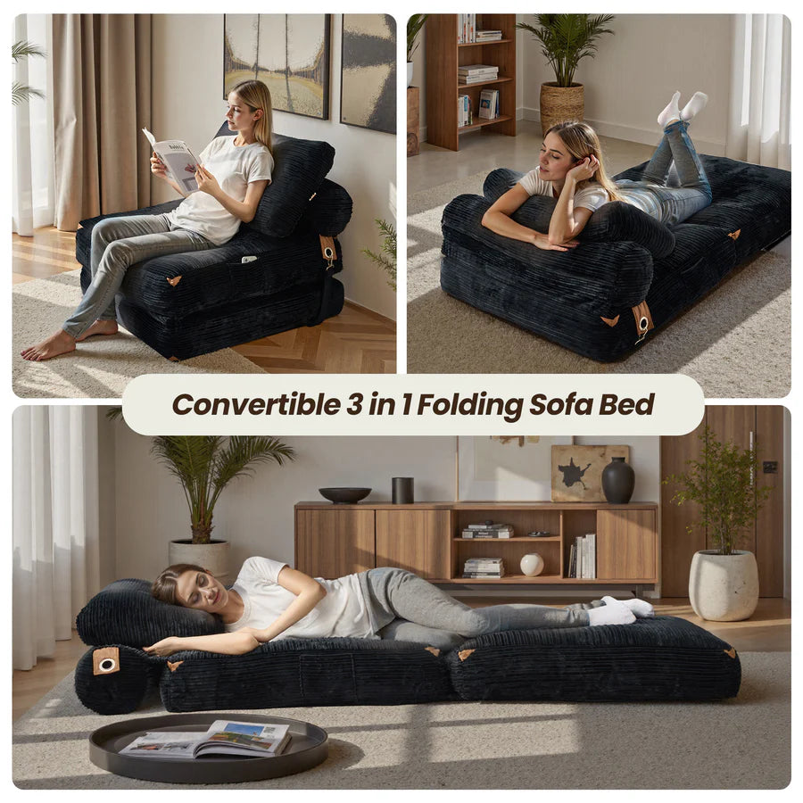 Bean Bag Bed Folding Sofa Bed – Convertible Sleeper Chair with Pillow & Back Support