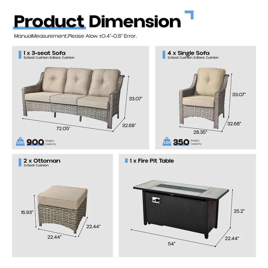 Outdoor 8 Pieces Coversation Set with 54" Fire Pit Table