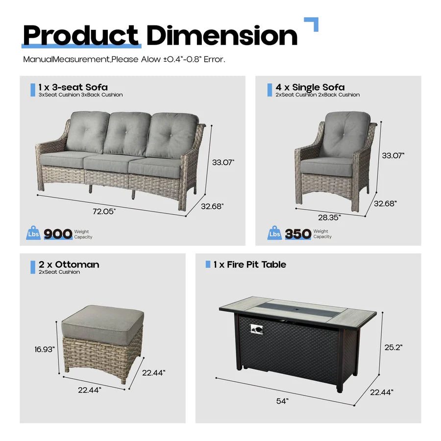 Outdoor 8 Pieces Coversation Set with 54" Fire Pit Table
