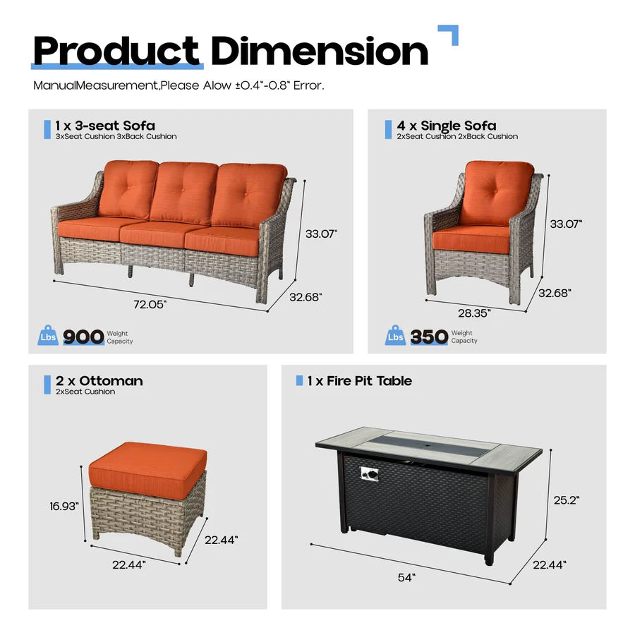 Outdoor 8 Pieces Coversation Set with 54" Fire Pit Table