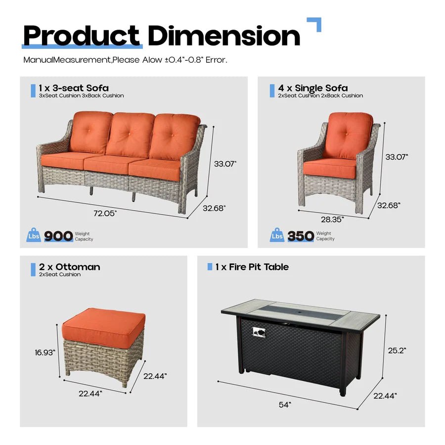 Outdoor 8 Pieces Coversation Set with 54" Fire Pit Table