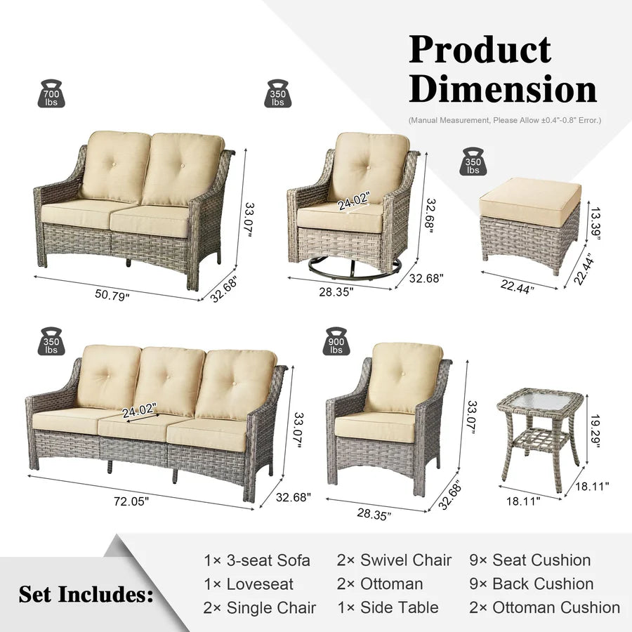 Outdoor 9 Pieces Coversation Set with Swivel Rocking Chair