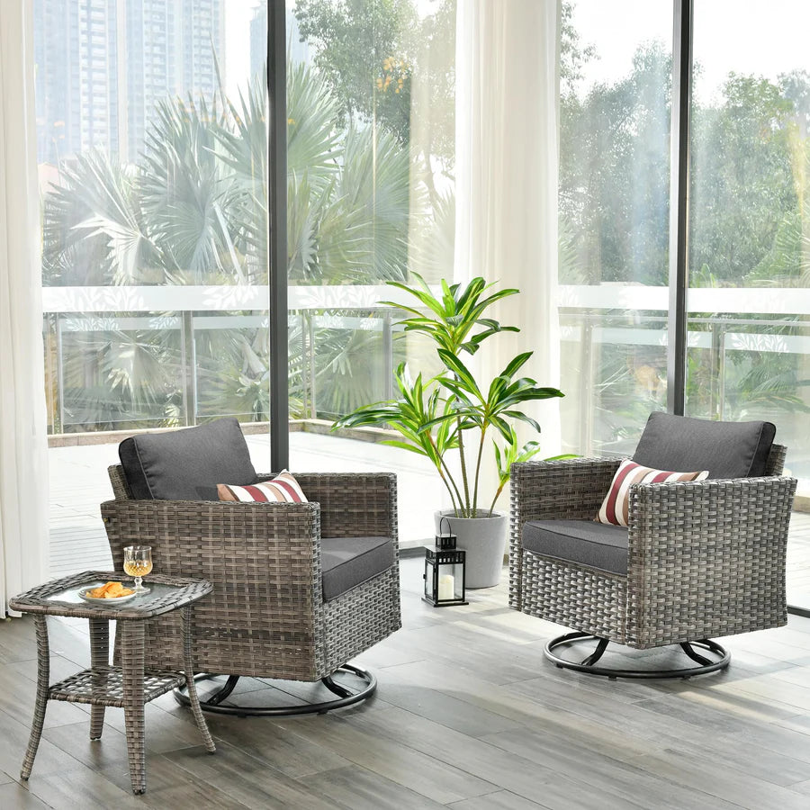 Patio Furniture 3-Piece Set with Swivel Chairs and Table Square Shape Armrest