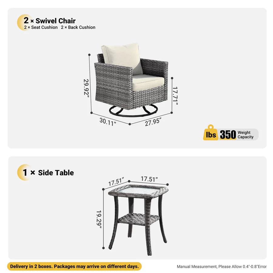Patio Furniture 3-Piece Set with Swivel Chairs and Table Square Shape Armrest