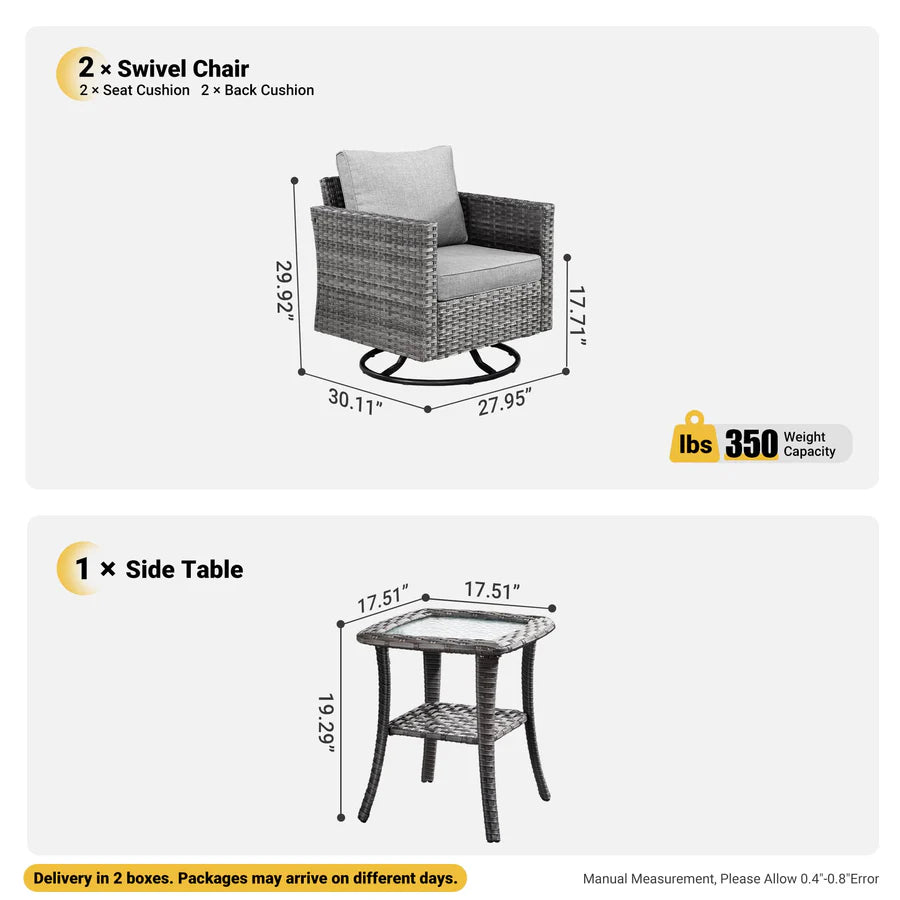 Patio Furniture 3-Piece Set with Swivel Chairs and Table Square Shape Armrest