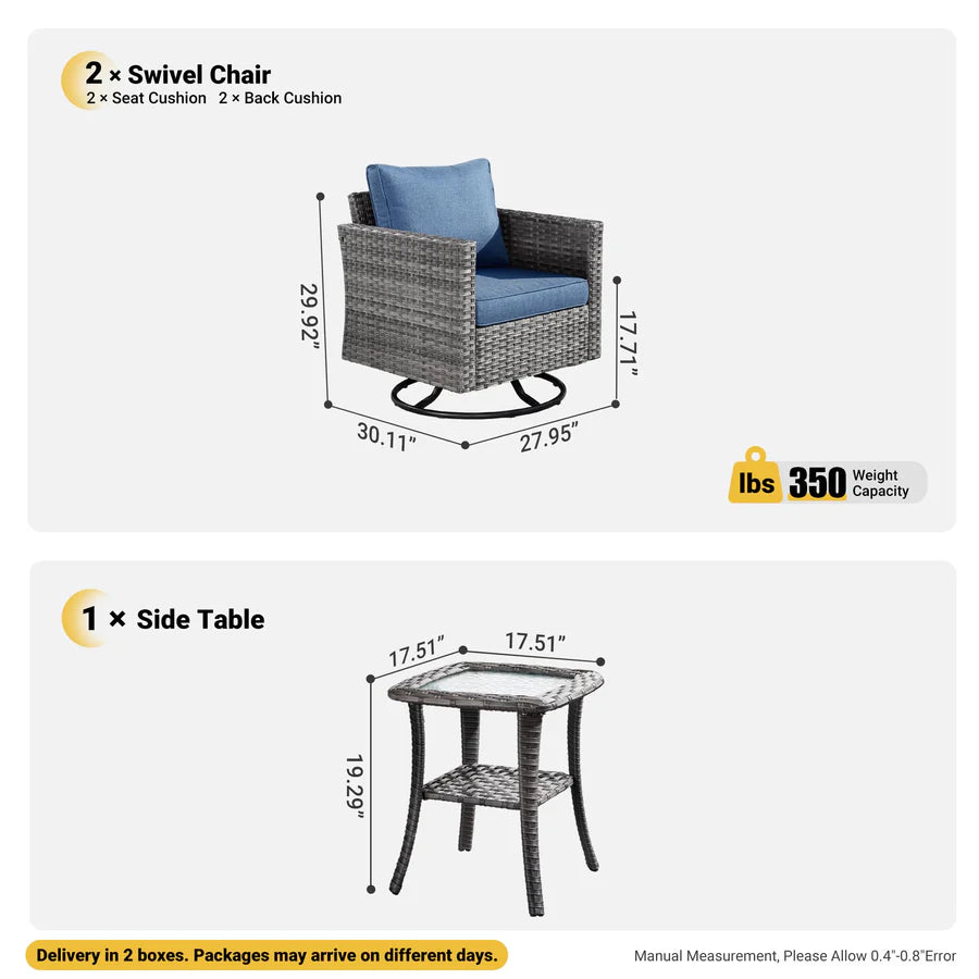 Patio Furniture 3-Piece Set with Swivel Chairs and Table Square Shape Armrest