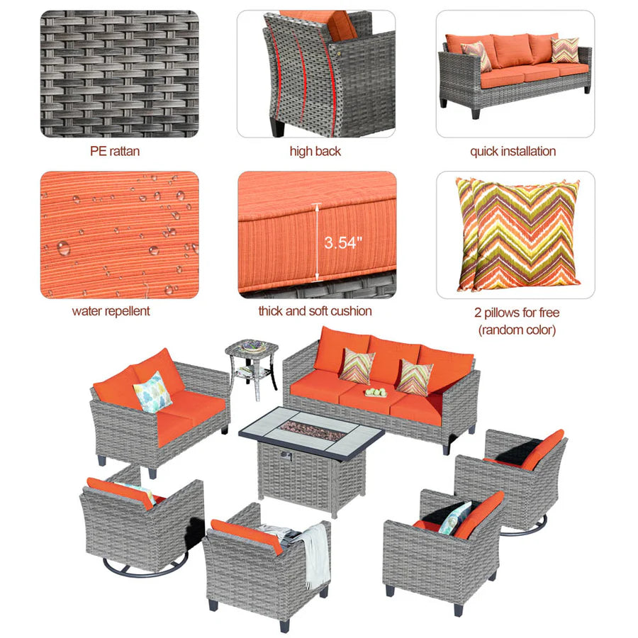 Patio Vultros 8-Piece Set With Swivel Chair and Rectangle 42'' Propane Fire Pit Table