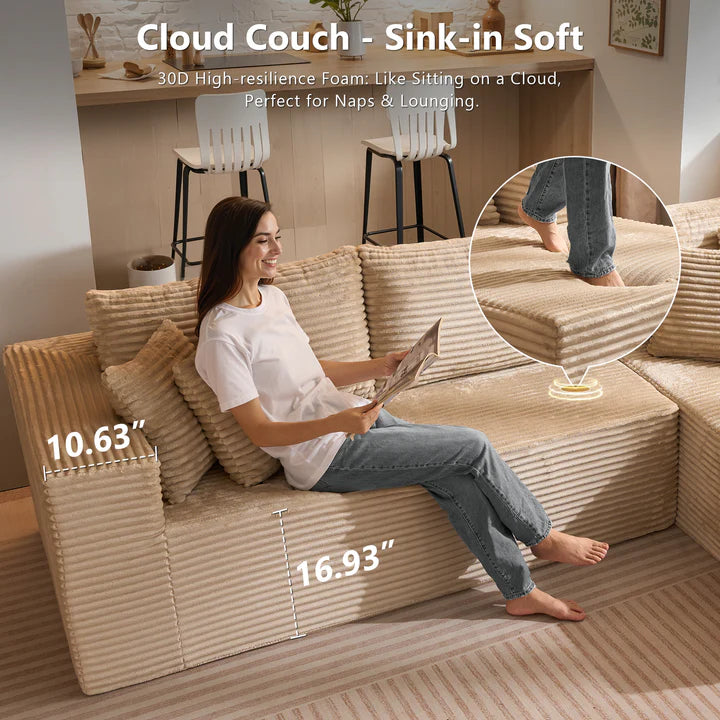 104" L-Shape Modular Couch with Chaise, Plush Corduroy Fabric, No Assembly Required