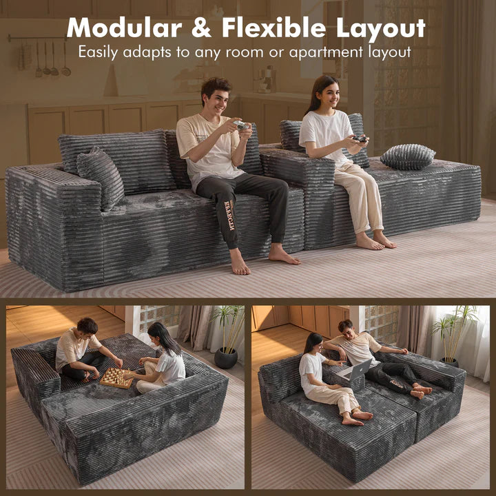 104" L-Shape Modular Couch with Chaise, Plush Corduroy Fabric, No Assembly Required