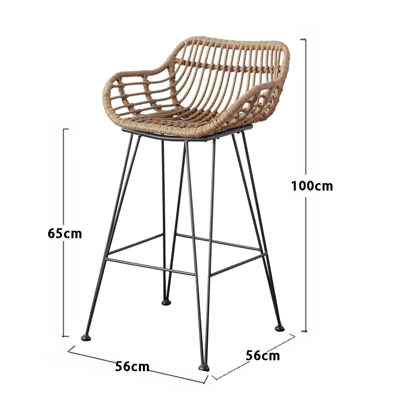 Outdoor bar counter chair, open-air leisure rattan high-leg stool, iron art bar chair, household restaurant patio waterproof dining chair
