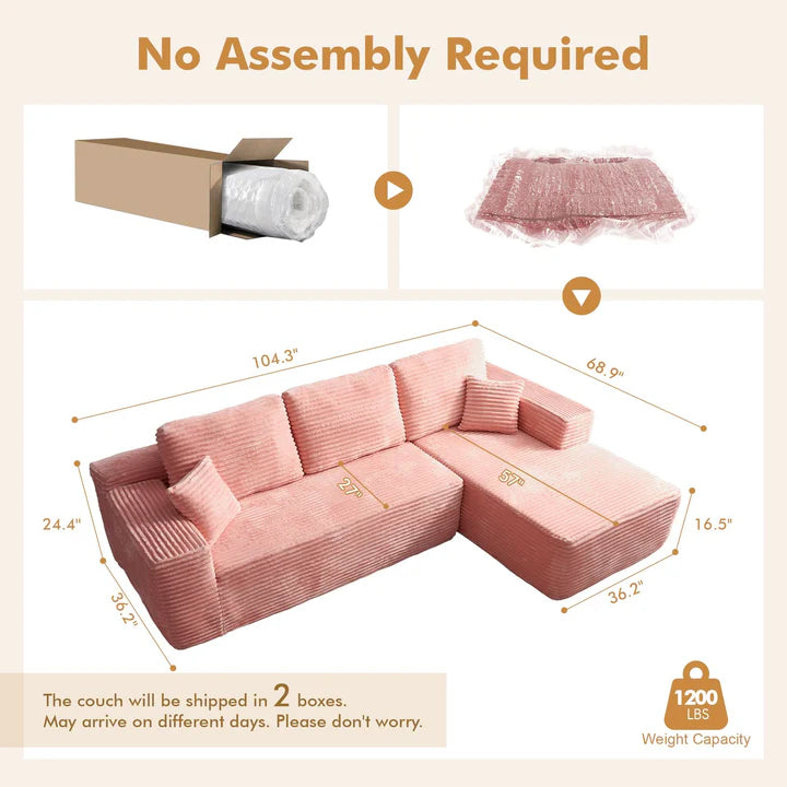 104" L-Shape Modular Couch with Chaise, Plush Corduroy Fabric, No Assembly Required