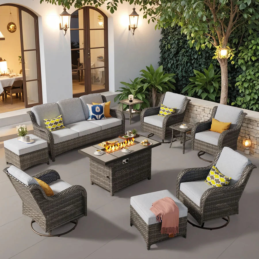 10 Pieces Patio Furniture Set with Fire Pit Table Outdoor Wicker Sofa Loveseat and Swivel Rocking Glider Chairs
