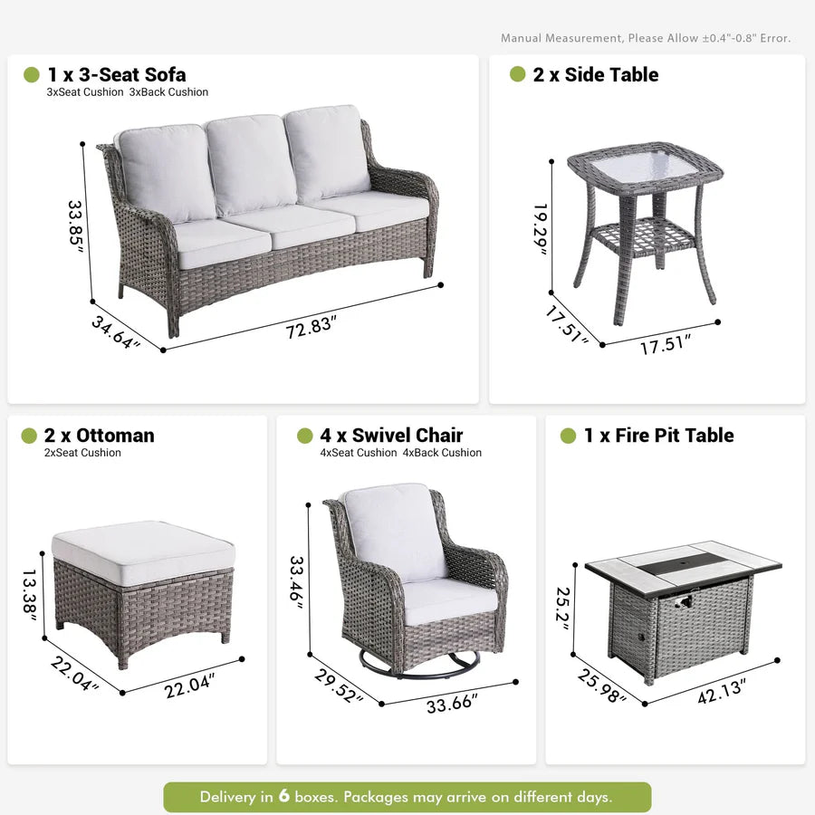 10 Pieces Patio Furniture Set with Fire Pit Table Outdoor Wicker Sofa Loveseat and Swivel Rocking Glider Chairs