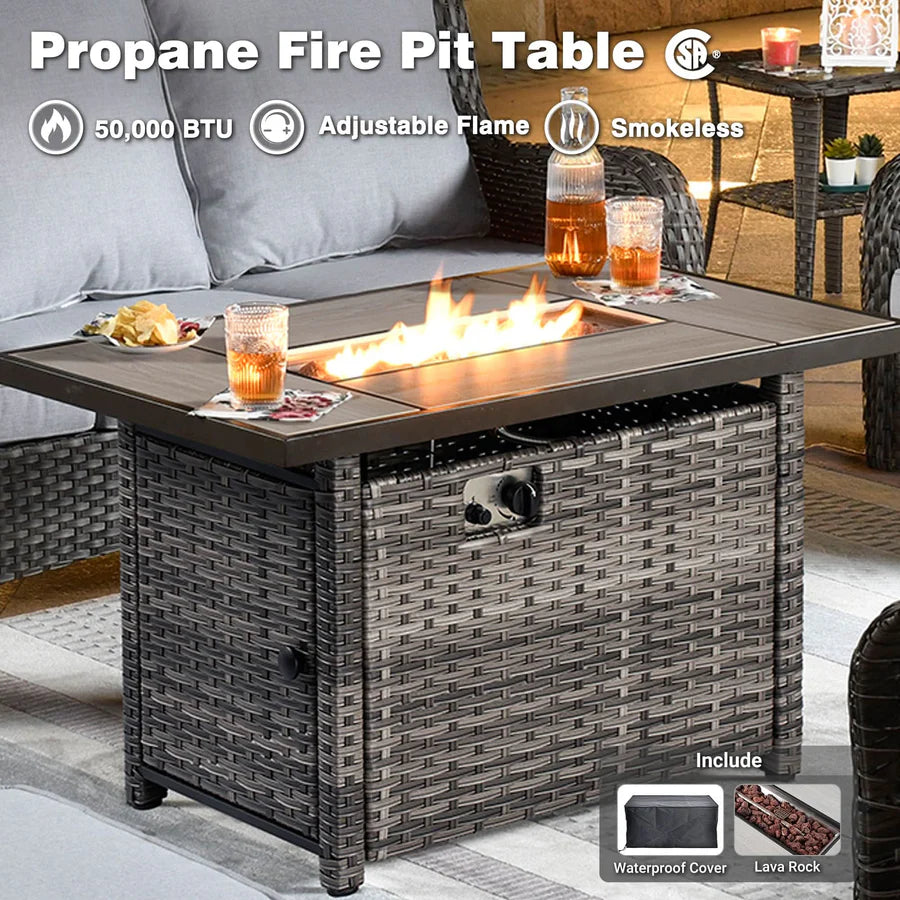 10 Pieces Patio Furniture Set with Fire Pit Table Outdoor Wicker Sofa Loveseat and Swivel Rocking Glider Chairs