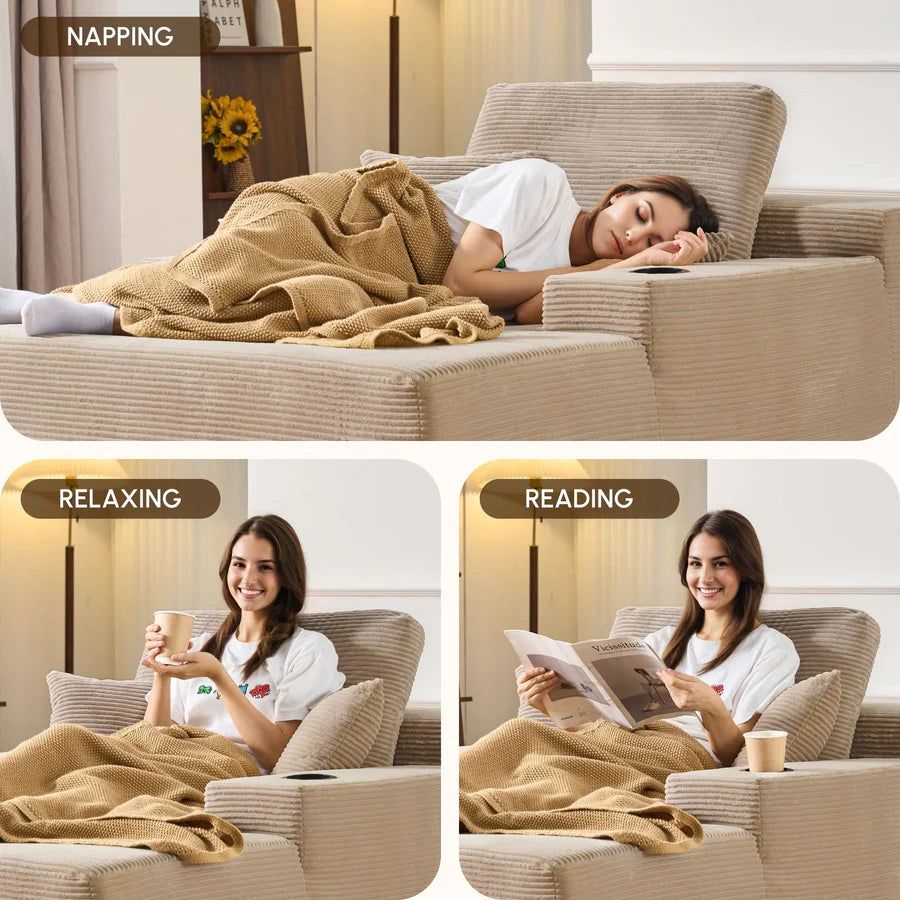 67" Oversized Chaise Lounge ,Corduroy Sleeper Sofa with Cup Holders