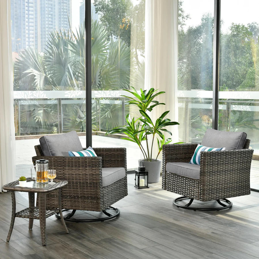 Patio Furniture 3-Piece Set with Swivel Chairs and Table Square Shape Armrest