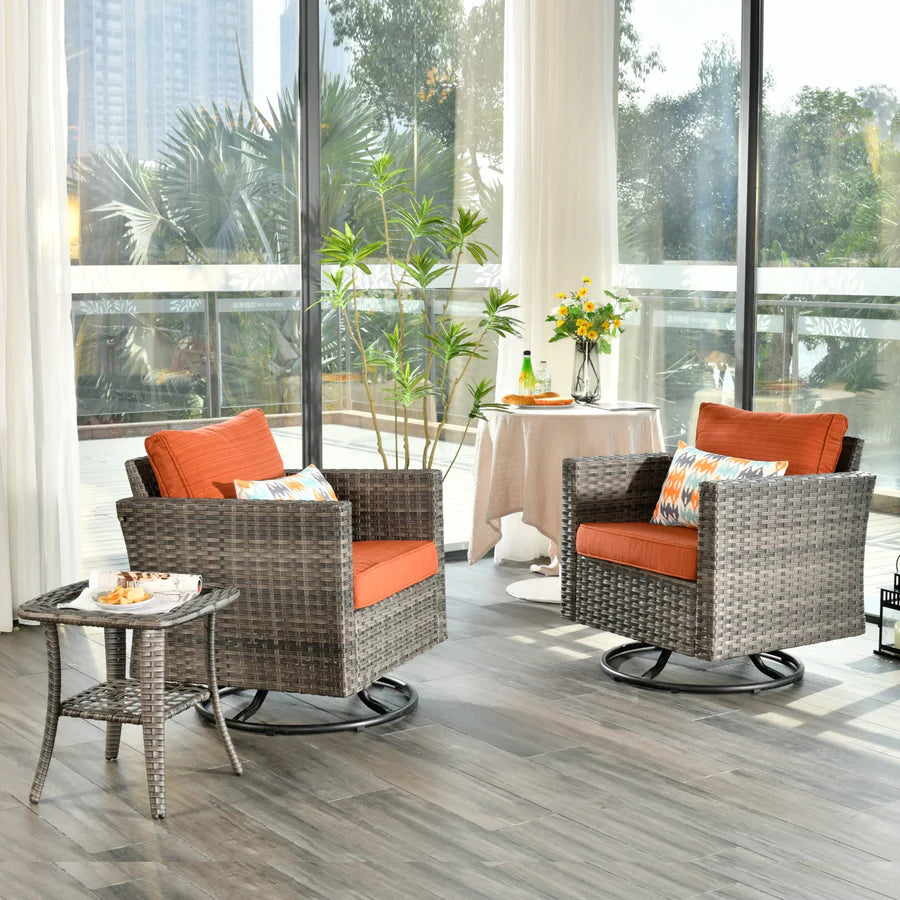 Patio Furniture 3-Piece Set with Swivel Chairs and Table Square Shape Armrest