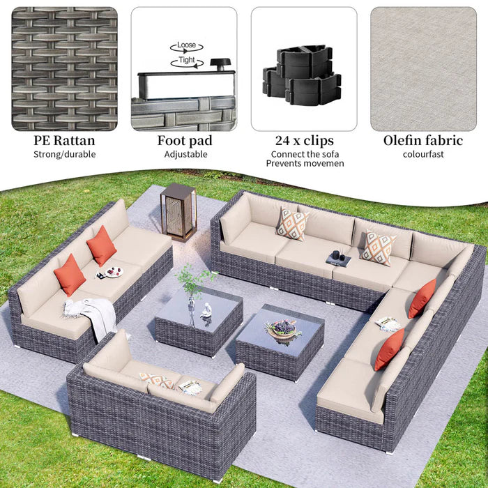 Patio Furniture Set 14-Piece with All Weather Rattan Wicker Sofa and Tempered Glass Table