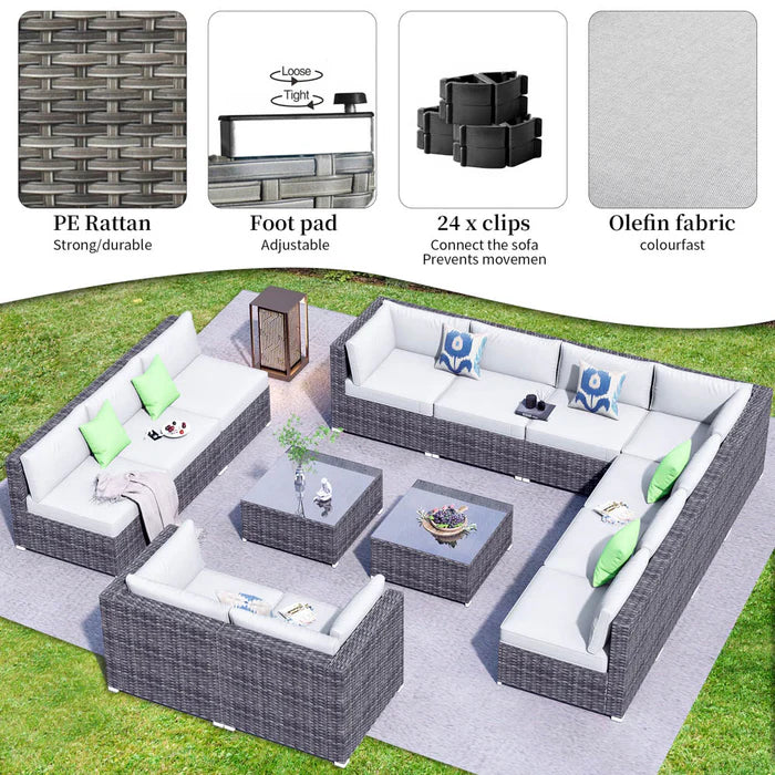 Patio Furniture Set 14-Piece with All Weather Rattan Wicker Sofa and Tempered Glass Table
