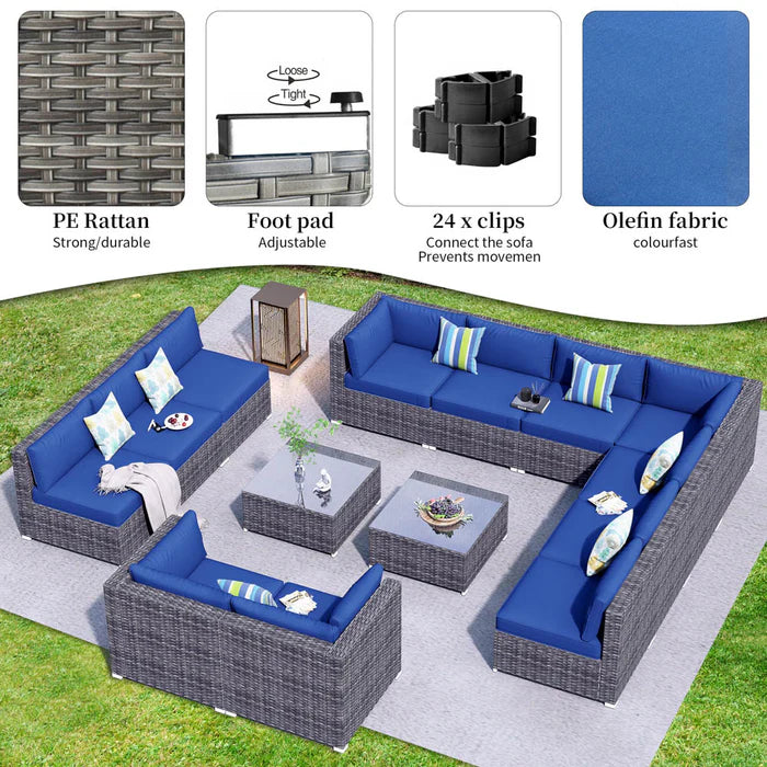 Patio Furniture Set 14-Piece with All Weather Rattan Wicker Sofa and Tempered Glass Table