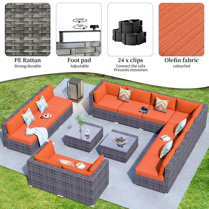 Patio Furniture Set 14-Piece with All Weather Rattan Wicker Sofa and Tempered Glass Table
