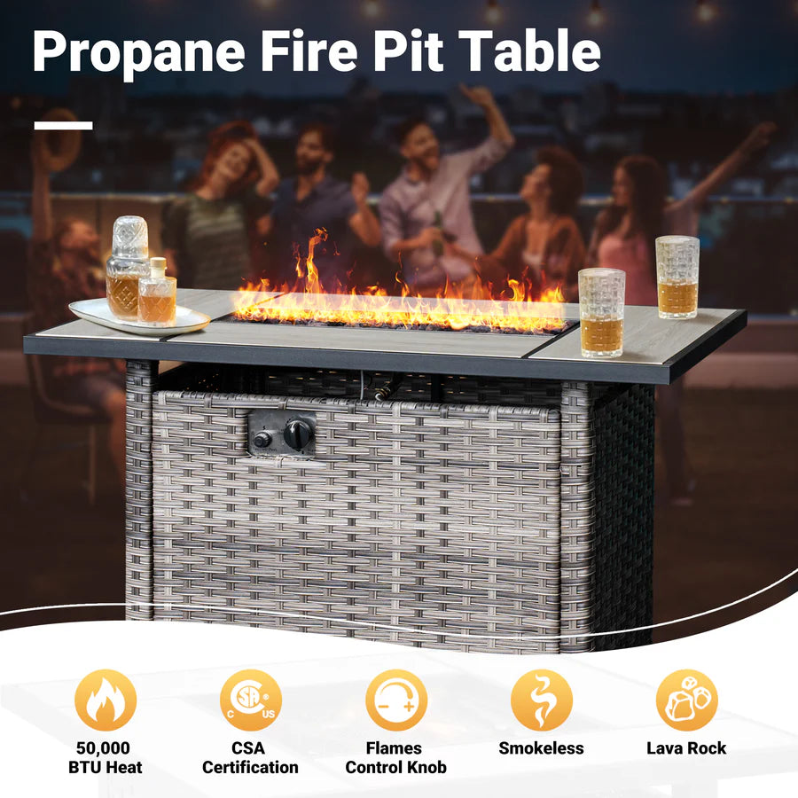 Patio Vultros 7-Piece Set With Swivel Chair and Rectangle 42'' Propane Fire Pit Table