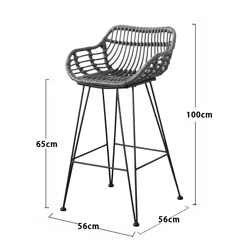 Outdoor bar counter chair, open-air leisure rattan high-leg stool, iron art bar chair, household restaurant patio waterproof dining chair