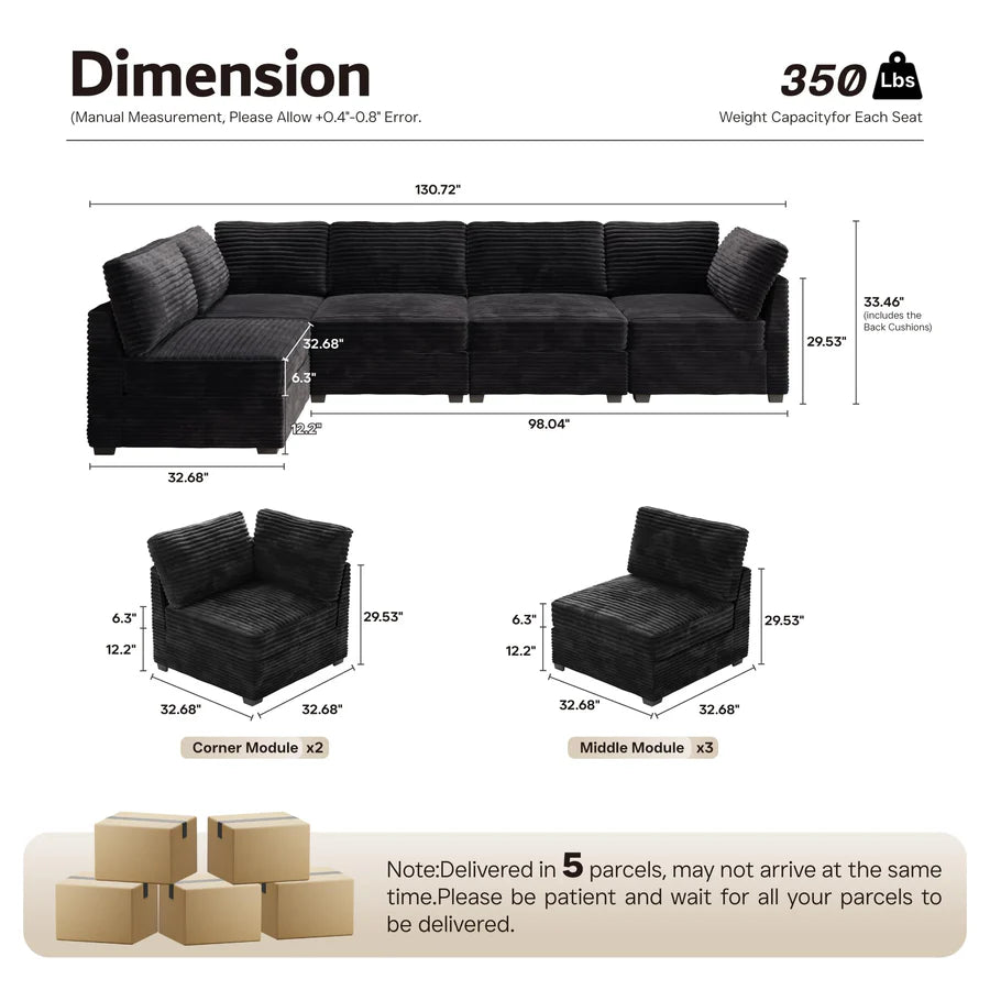 130.7" Modular Sectional Sofa Couch, L-Shaped Minimalist Couches, Modern Deep Seat Cloud Plush Corduroy Sofas Set