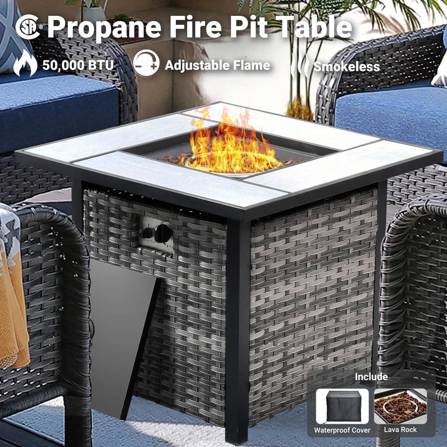 5-Piece Patio Set with Fire Pit Table,All Weather Grey Wicker Chairs & Cushions